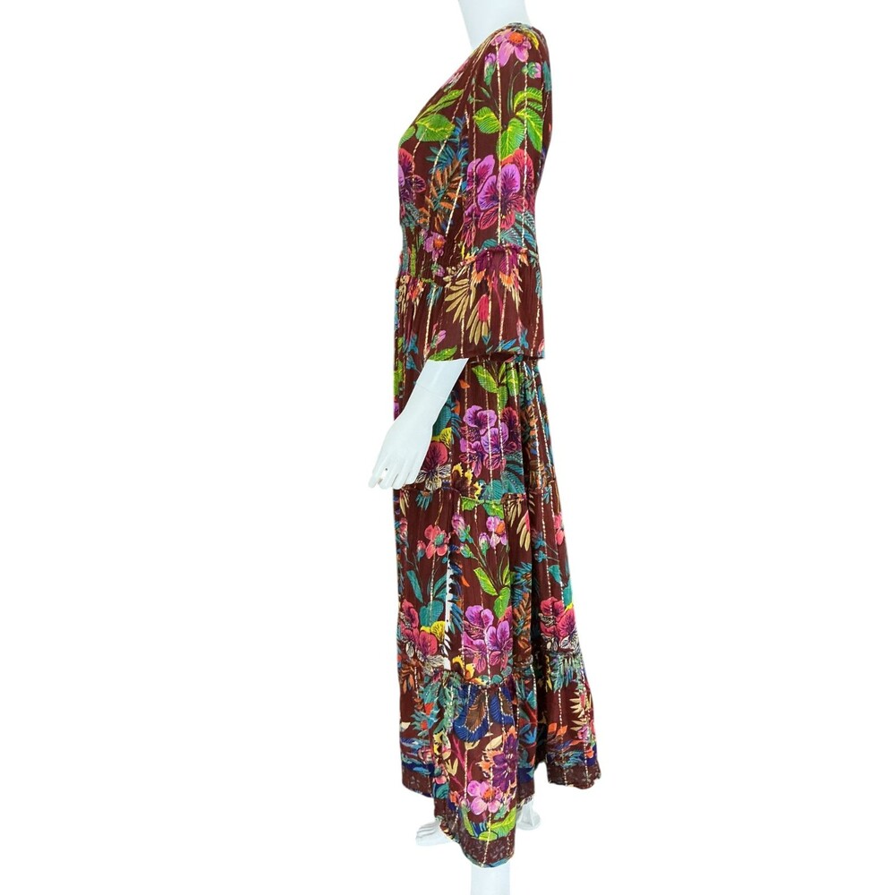 Me 2 Magic Anthropologie Maxi Dress S Floral Gold Stripe Fairy Whimsigoth  BOHO - Picture 4 of 14